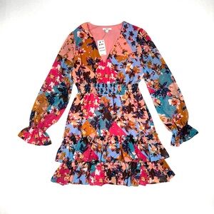 Women's Medium Floral Ruffle Mini V Neck Dress Boho Cottagecore New With Tags